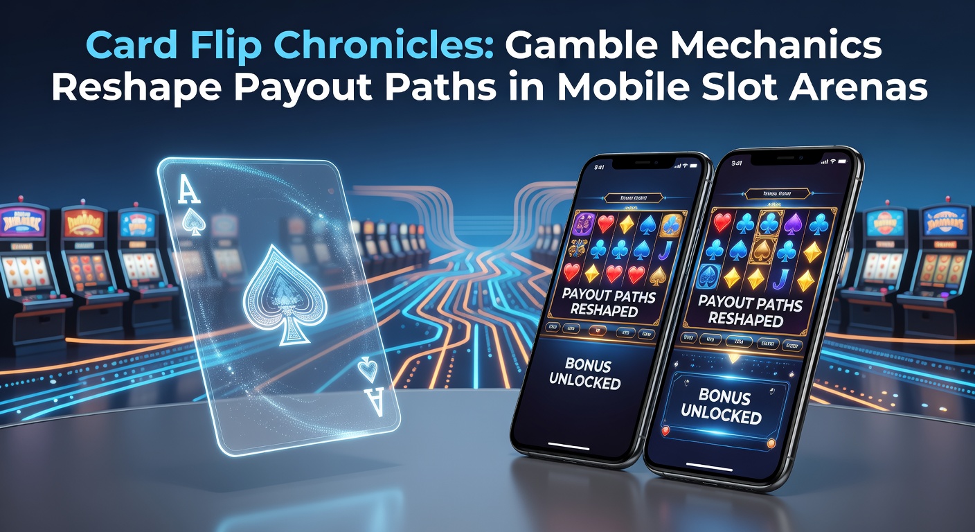 Vibrant mobile slot screen showing a card flip gamble feature mid-action, with flipping cards revealing potential multipliers and payout boosts