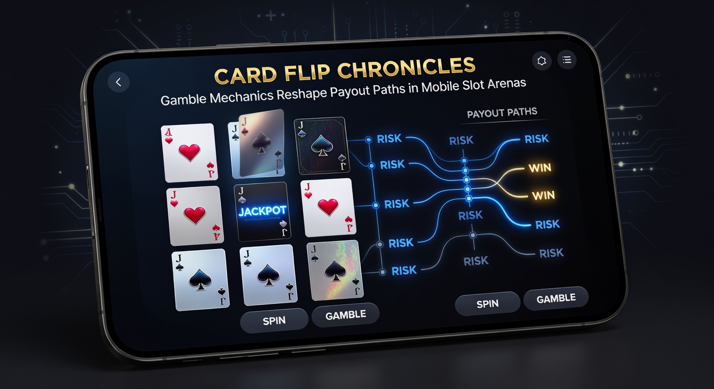Close-up of a gamble ladder in action on a mobile slot, cards flipping to reveal escalating multipliers amid glowing neon effects and payout counters