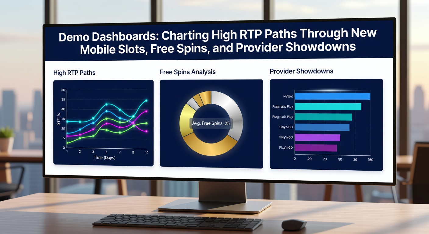 Vibrant dashboard interface displaying colorful slot reels, RTP metrics, and mobile demo play buttons on a sleek digital screen