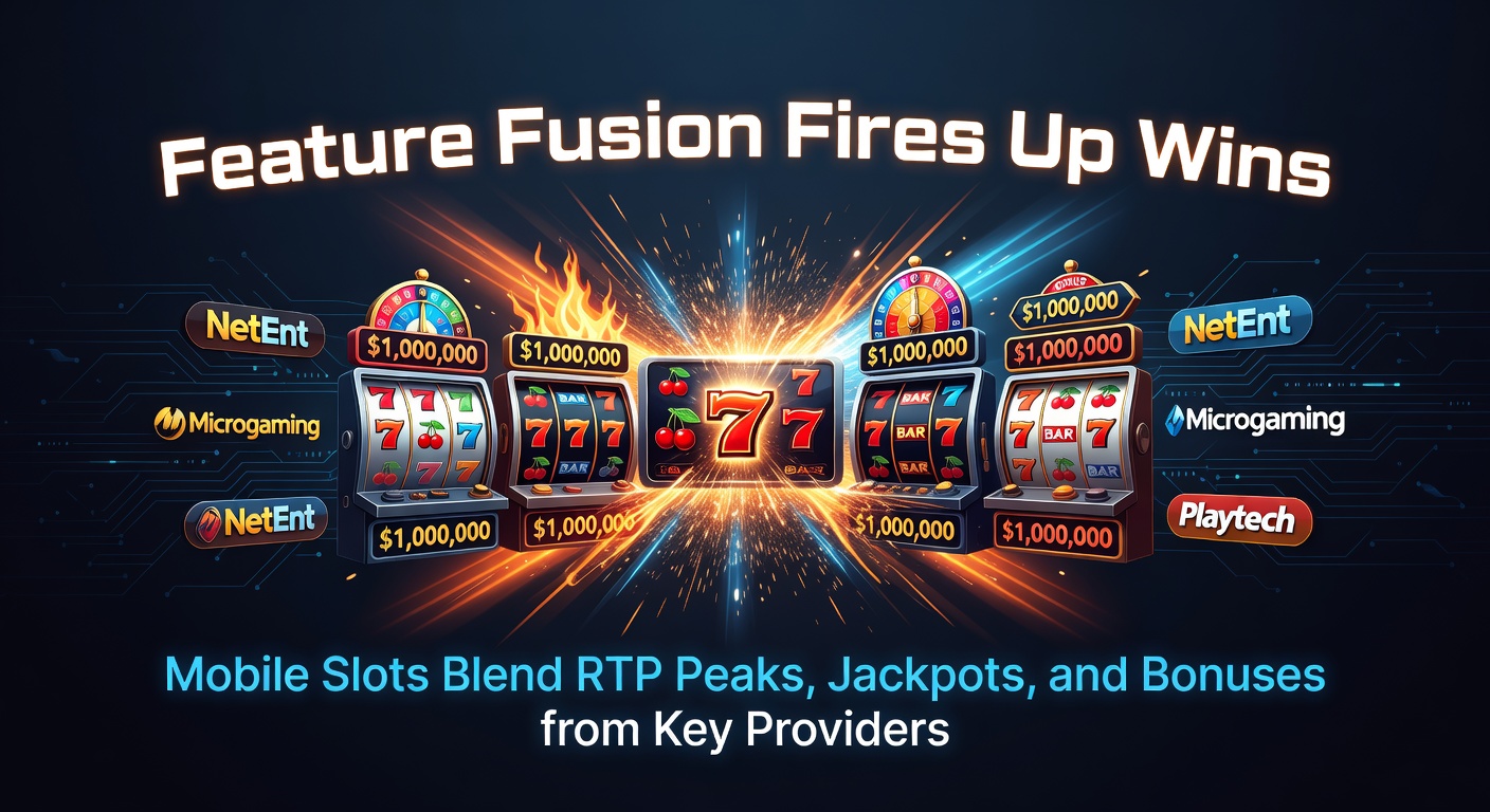 Vibrant mobile slot screen showing fused features like spinning reels with jackpot meters, bonus wheels, and RTP indicators glowing in a dynamic casino interface