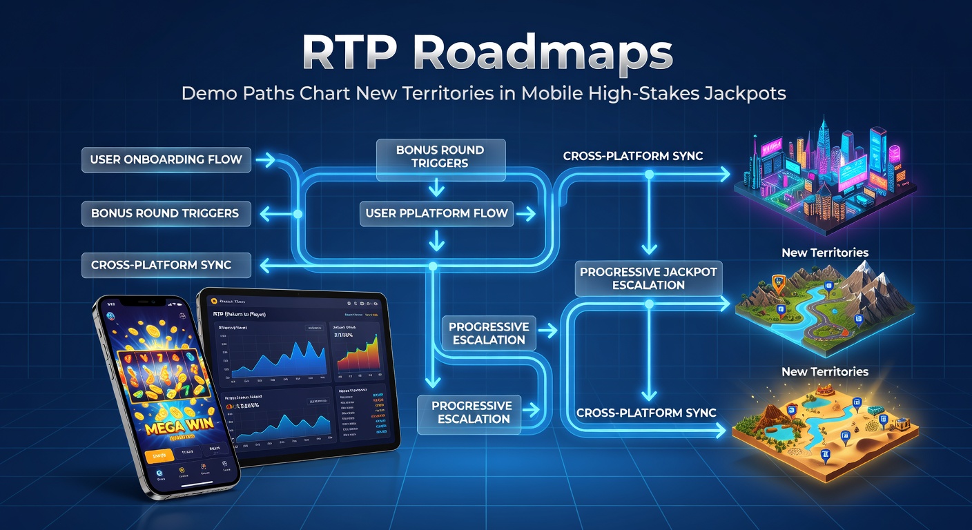 Vibrant digital roadmap overlay on a mobile slot screen, highlighting RTP percentages and jackpot paths amid glowing reels and high-stakes symbols