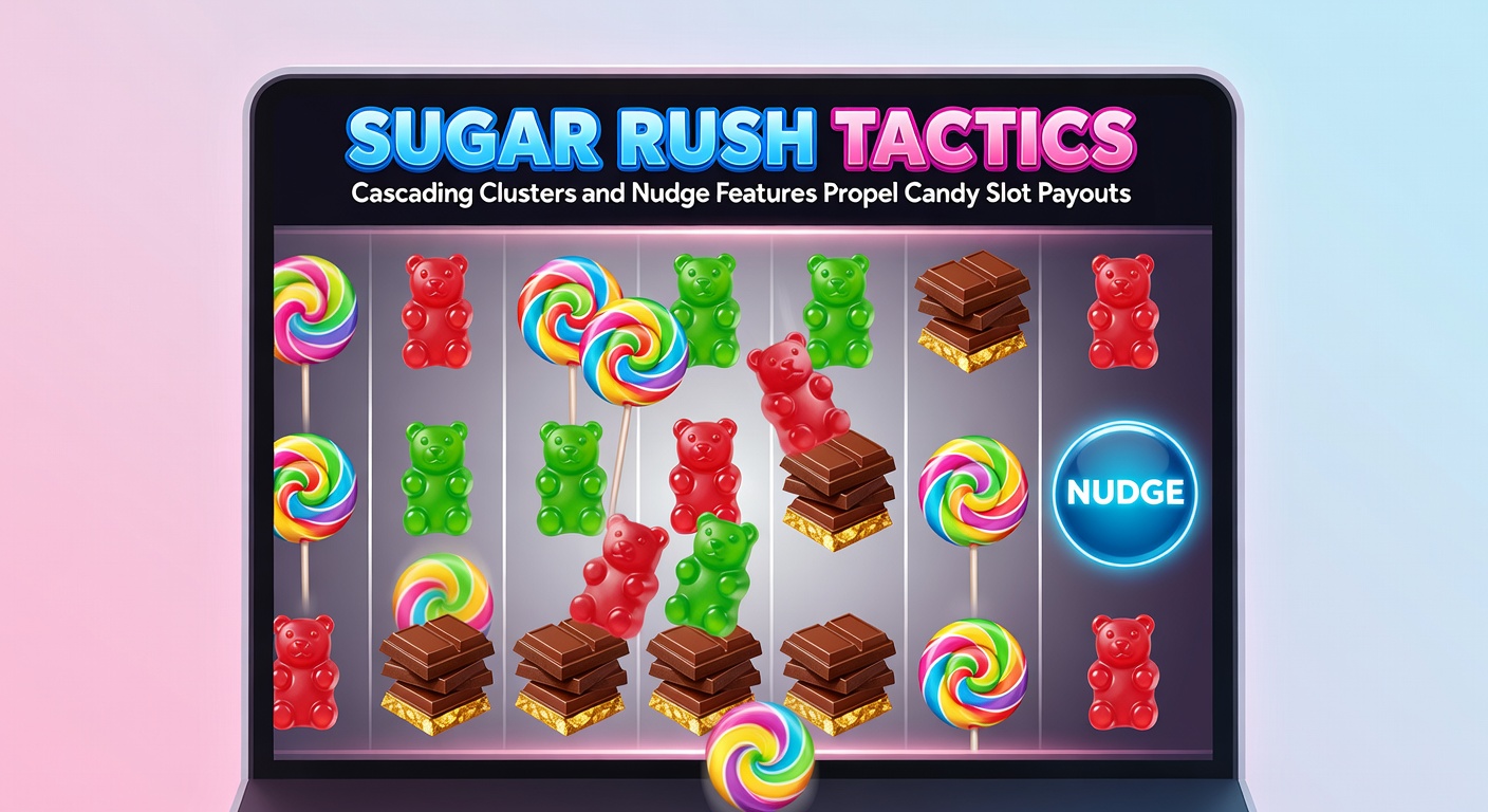 Vibrant Sugar Rush slot grid filled with colorful candy symbols, cascading wins, and exploding multiplier bombs in action
