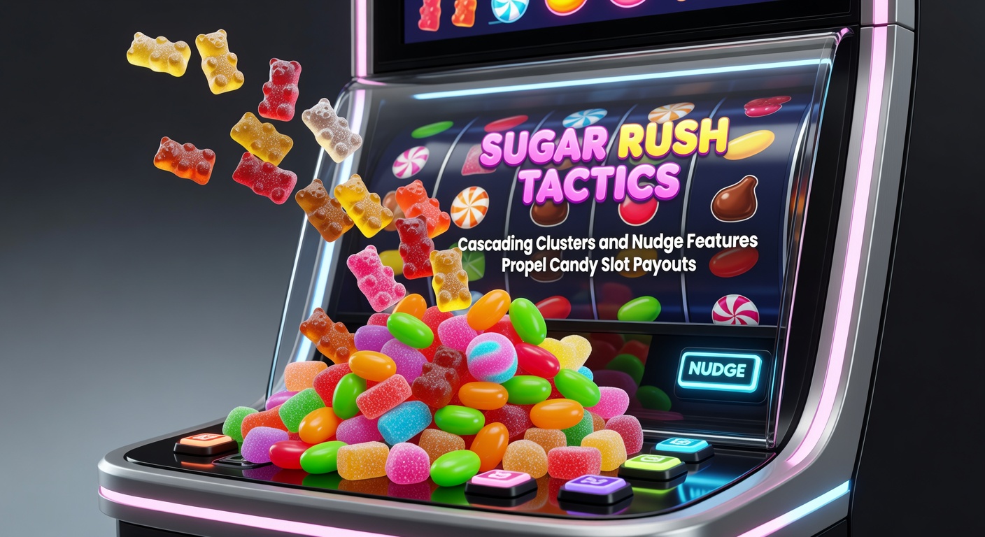 Close-up of a Sugar Rush multiplier bomb exploding with nudge effect, symbols shifting down amid colorful candy chaos and rising payout meters