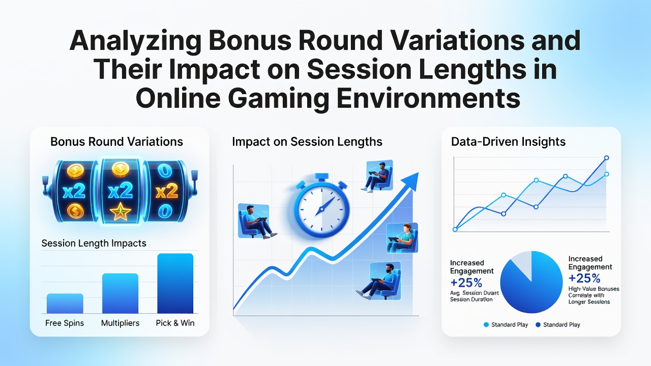 Analytics dashboard displaying session length statistics across various bonus round types in online gaming environments