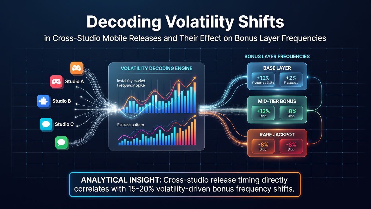 Mobile slot interface displaying volatility indicators and bonus layer metrics from multiple studios