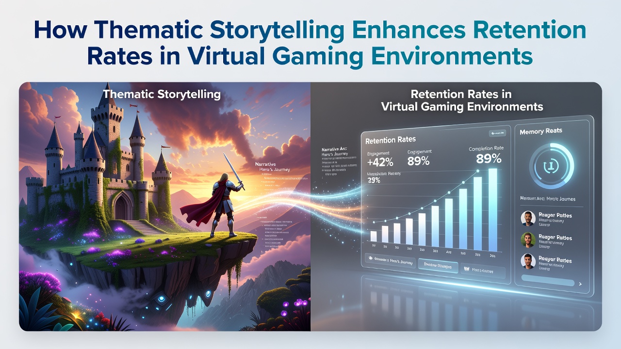 A vibrant virtual gaming environment featuring layered narrative themes with characters exploring interconnected story worlds