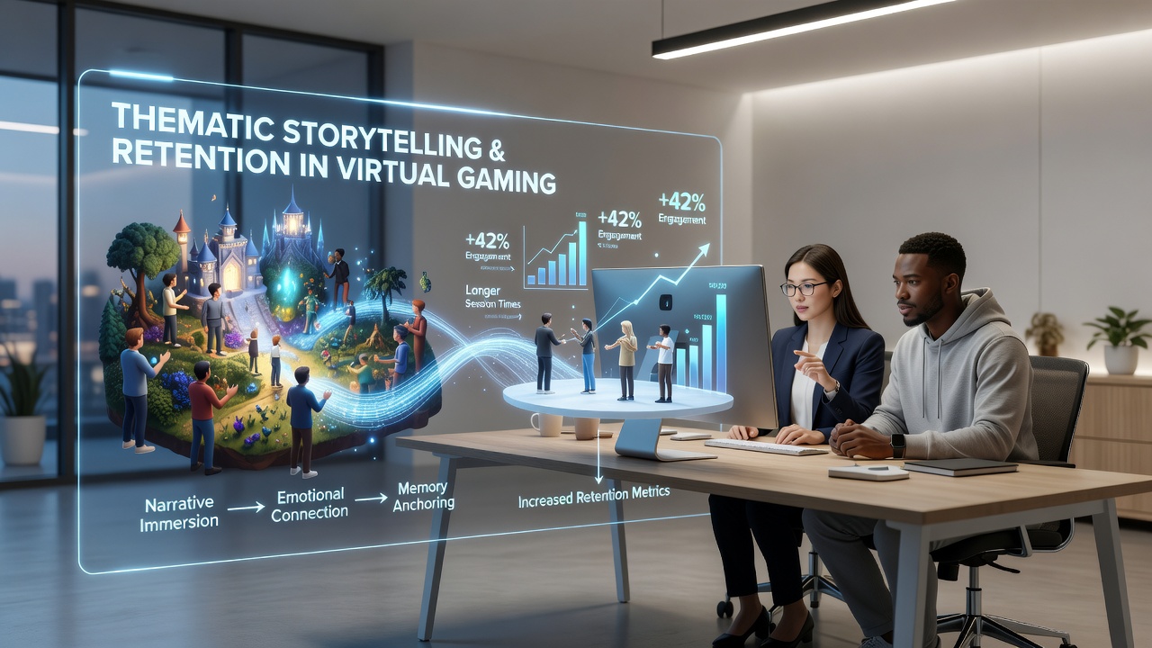 Players interacting in a thematically rich virtual space with story-driven quests and environmental storytelling elements