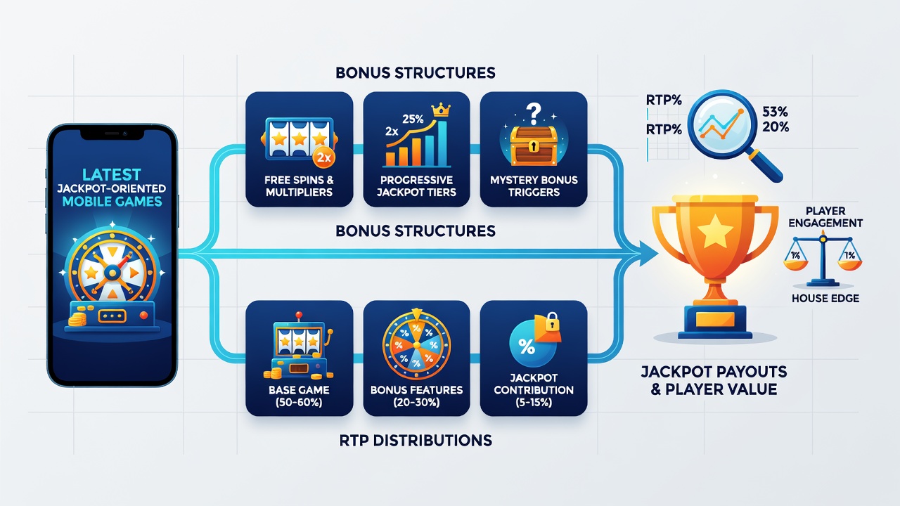 Infographic displaying RTP breakdown charts and bonus contribution percentages for recent mobile jackpot releases