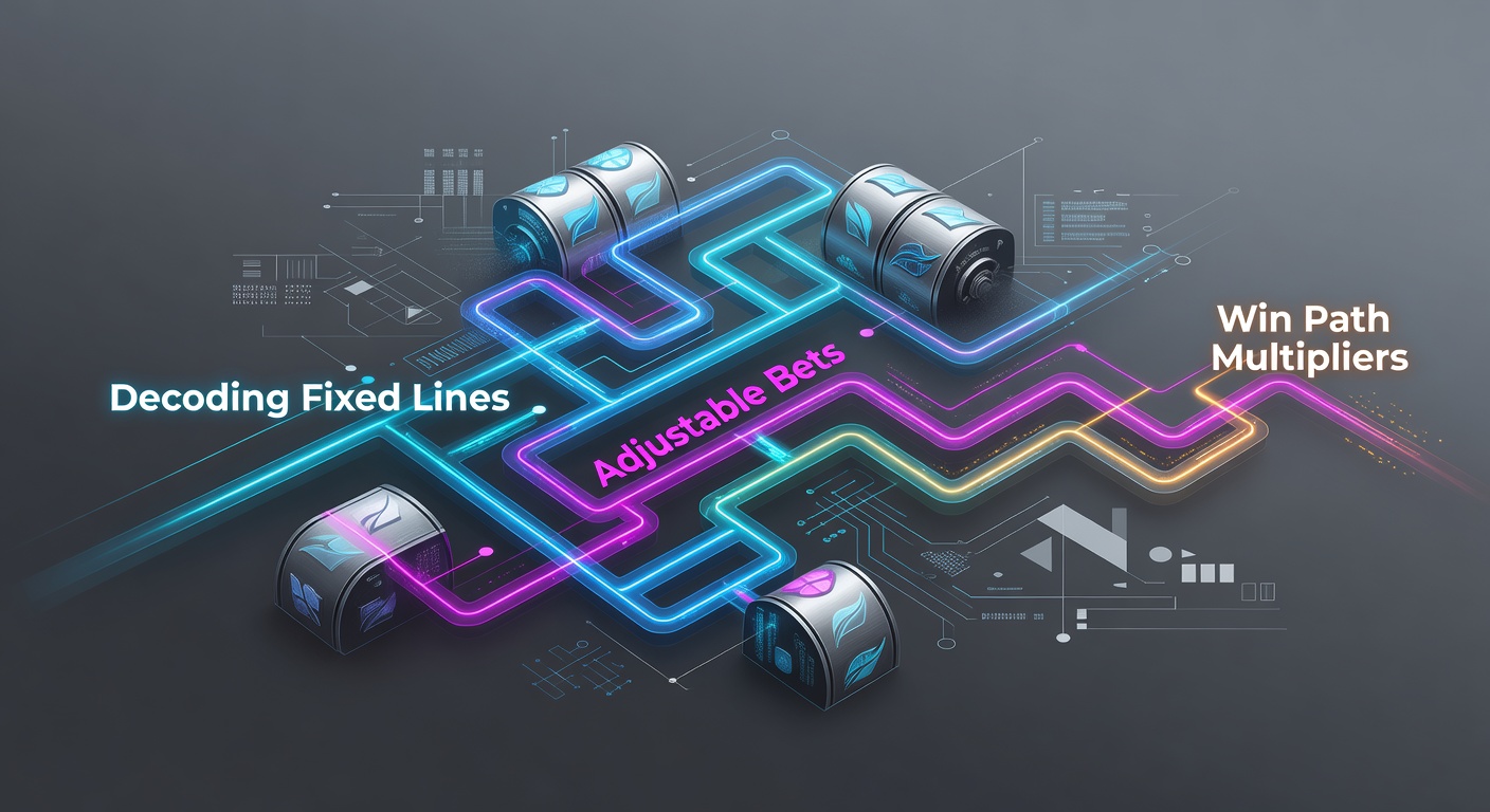 Illustration of intricate slot paylines weaving through reels with glowing fixed paths and multiplier icons activating wins
