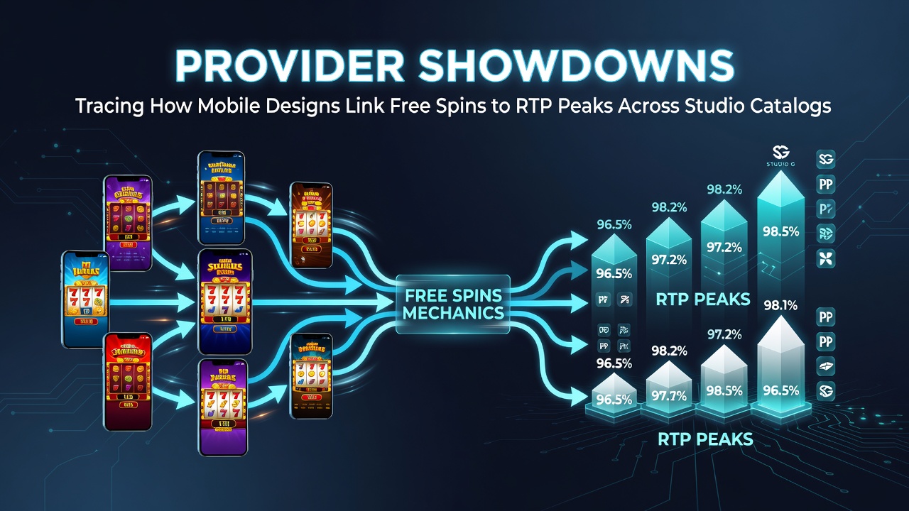 Mobile slot interface displaying free spins activation and RTP indicators across different studio layouts