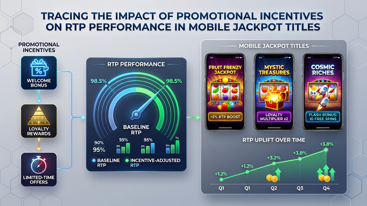 Analytics dashboard displaying RTP trends and promotional incentive impact across mobile jackpot games from multiple providers